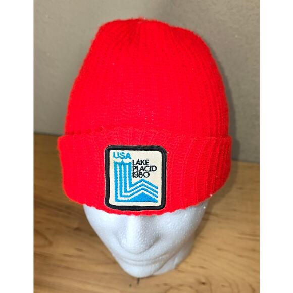 Usa Lake Placid 1980 Patch on Red Beanie Vintage 1980 Retro Winter Olympics - Picture 6 of 8